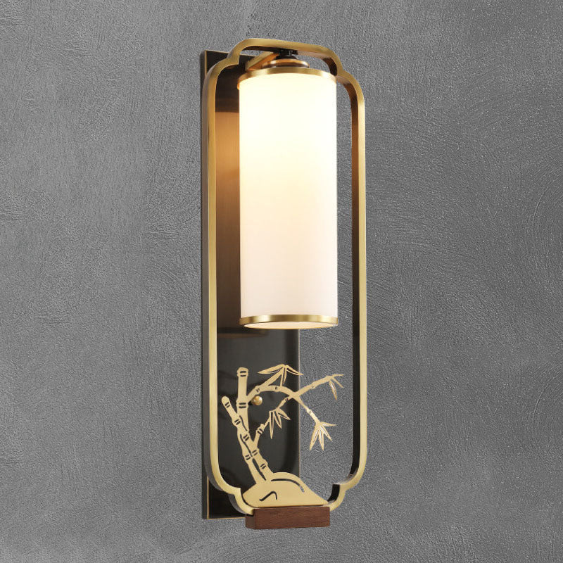 Modern New Chinese Copper Glass Column Ring 1-Light Wall Sconce Lamp