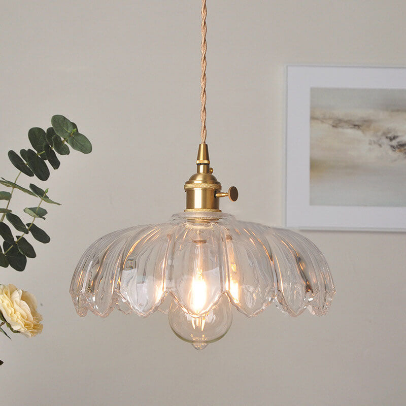 Lustre suspendu en laiton moderne rustique avec une fleur en verre à 1 lumière 