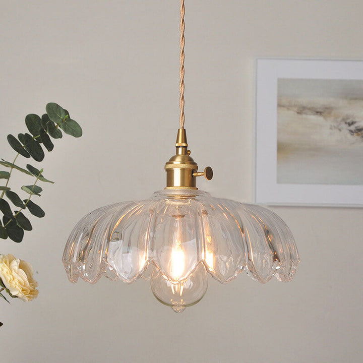 Lustre suspendu en laiton moderne rustique avec une fleur en verre à 1 lumière 