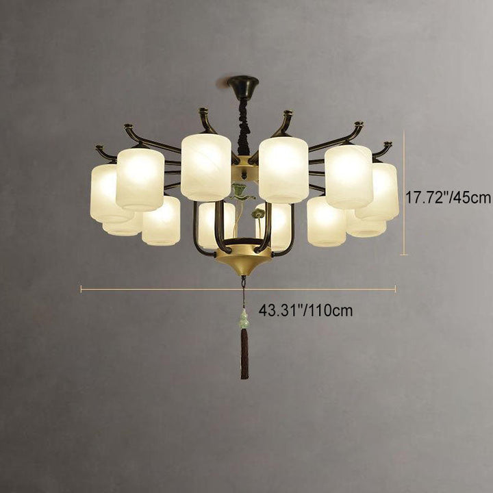 Traditioneller chinesischer Eisenrahmen Zylinder Glasschirm 6/8/10/12-Licht Kronleuchter für Wohnzimmer 
