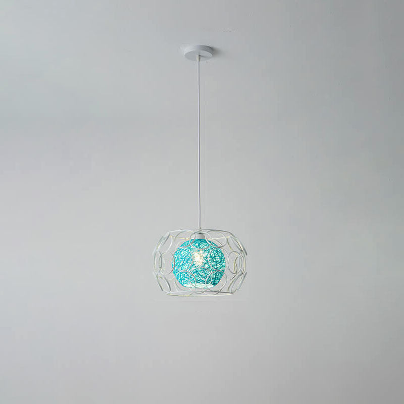 Modern Minimalist Weaving Hemp Ball Iron Drum 1-Light Pendant Light for Living Room