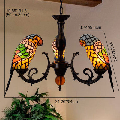 Tiffany Vintage Parrot Hardware Stained Glass 1/3 Light Chandelier