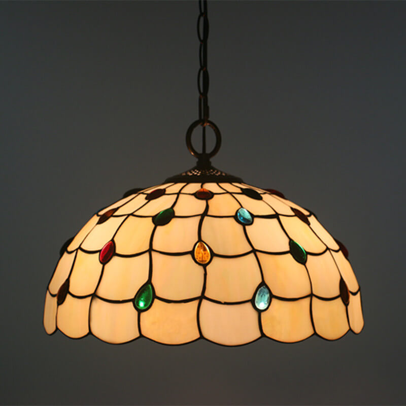 Tiffany European Gemstone Stained Glass Round 1-Light Pendant Light