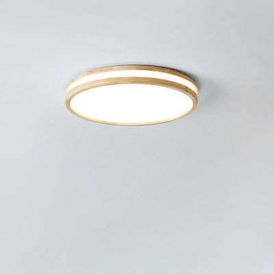 Japanese Simple Round Wooden Thin LED Flush Mount Ceiling Light