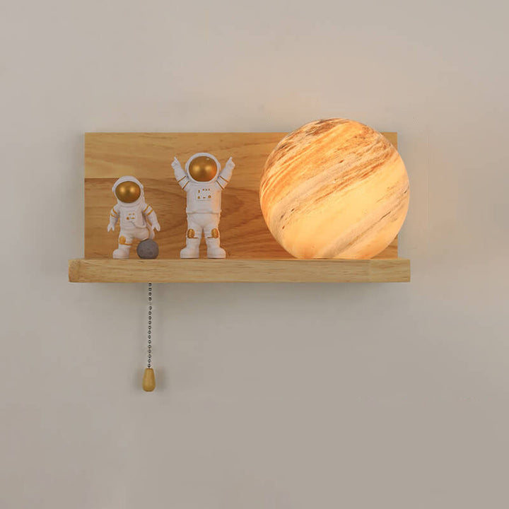 Contemporary Creative Planet Glass Solid Wood Square Base 1-Light Wall Sconce Lamp for Bedroom Living Room