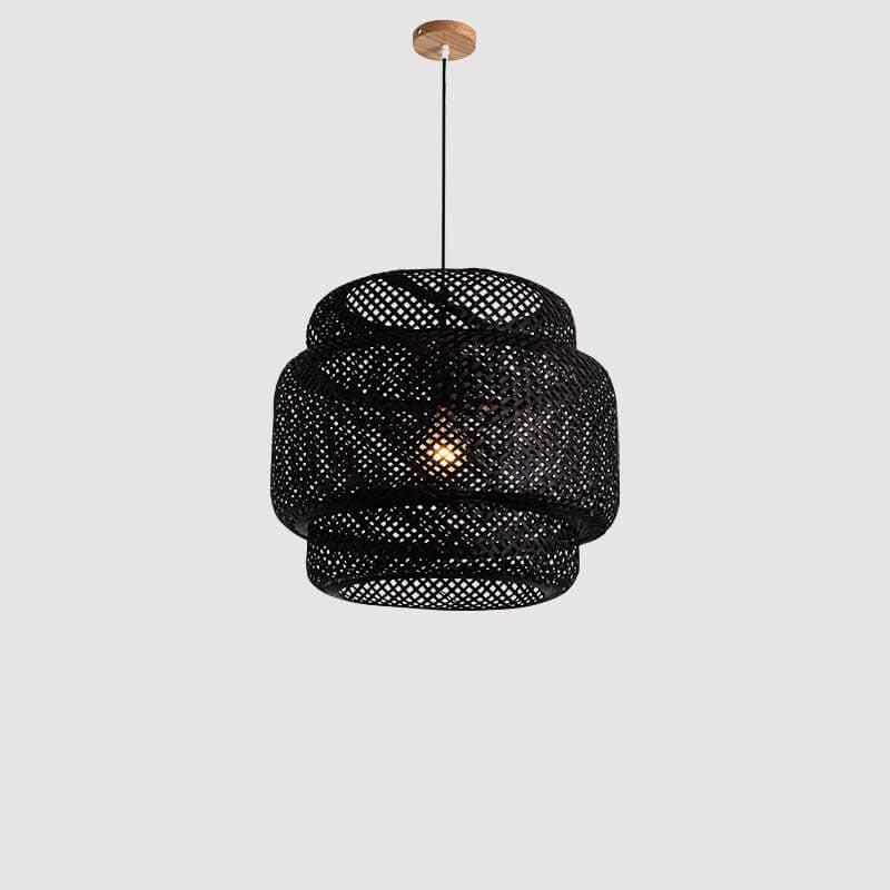 Traditional Japanese Round Bamboo Weaving Column 1-Light Pendant Light For Bedroom