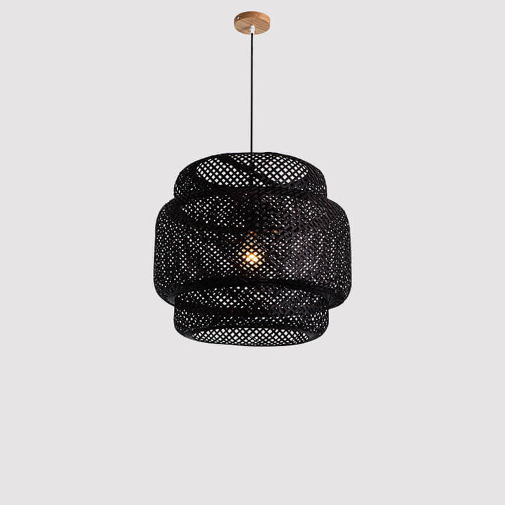 Traditional Japanese Round Bamboo Weaving Column 1-Light Pendant Light For Bedroom