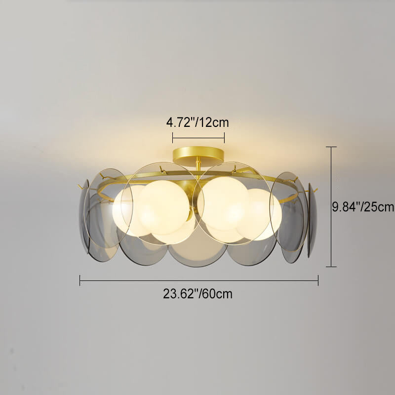 Modern Mid-Century Golden Finish Frame Glass Ball Shade 4/6-Light Semi-Flush Mount Ceiling Light For Living Room