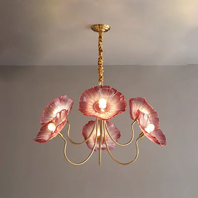 Modern Art Deco Gold Finish Frame Lotus Leaf Glass Shade 3/6-Light Chandelier For Living Room