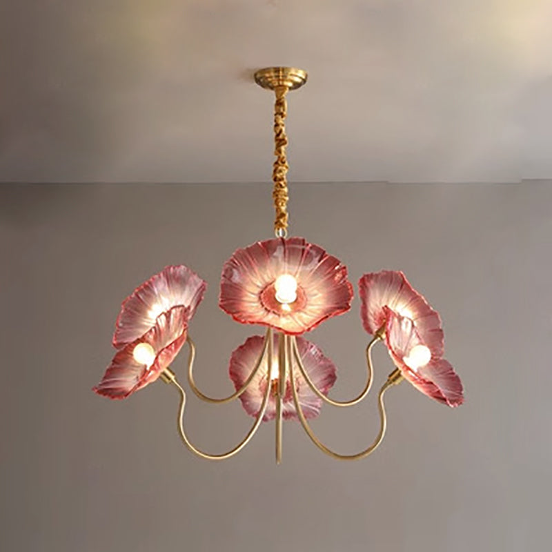 Cadre à Finition Dorée Art Déco Moderne avec Abat-jour en Verre Feuille de Lotus, Lustre 3/6 Lumières pour Salon 