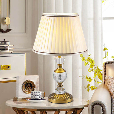 European Vintage Crystal Pillar Base Fabric 1-Light Table Lamp