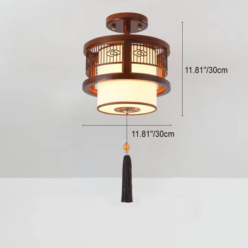 Traditional Chinese Solid Wooden Fabric Lantern Shade 1/3-Light Chandelier For Living Room