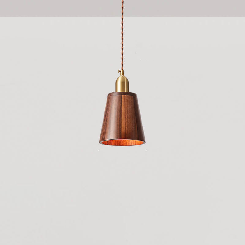 Traditional Vintage Ash Wood Walnut Geometric Round Cone Brass 1-Light Pendant Light for Living Room
