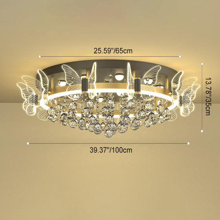 Modern Luxury Radiant Crystal Strings Butterfly Embellishment Round Shade LED Flush Mount Ceiling Light For Living Room