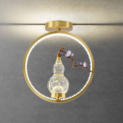 Modern Chinese Circular Acrylic Gourd Copper LED Semi- Flush Mount Ceiling Light