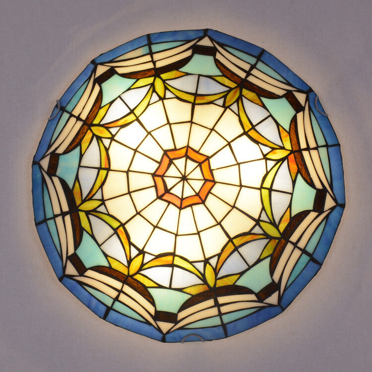 European Stained Glass Tiffany Round Various Pattern Designs 3-Light Flush Mount Light