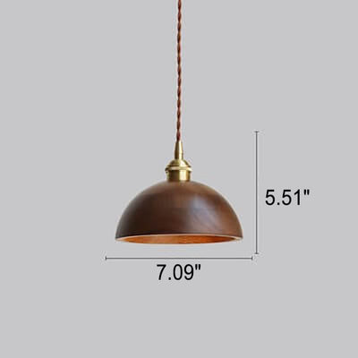 Japanese Vintage Walnut Brass Dome 1-Light Pendant Light