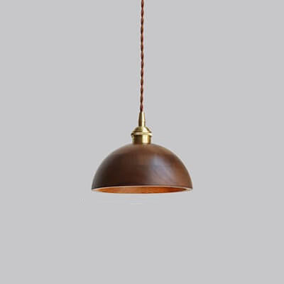 Japanese Vintage Walnut Brass Dome 1-Light Pendant Light