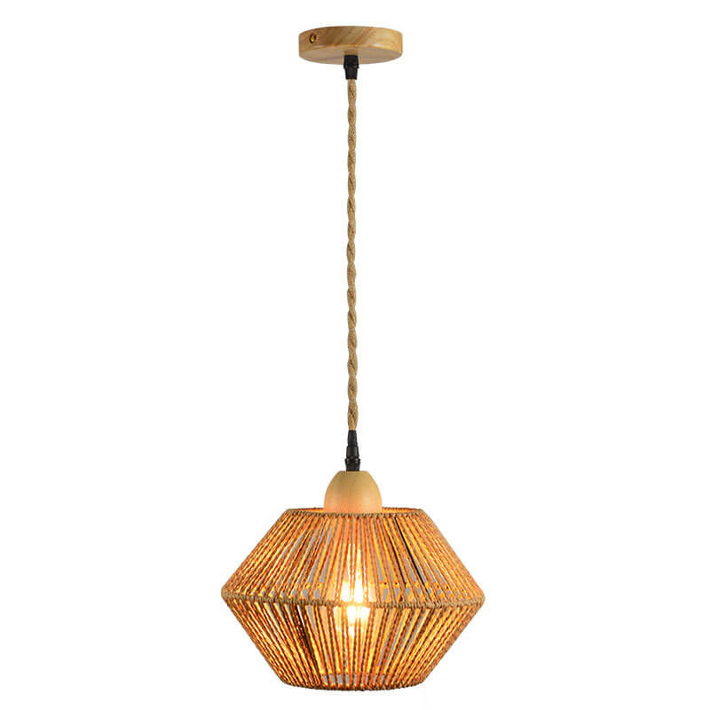 Traditional Vintage Solid Wood Rope Weaving Lantern Cage Wood 1-Light Pendant Ceiling Light for Living Room