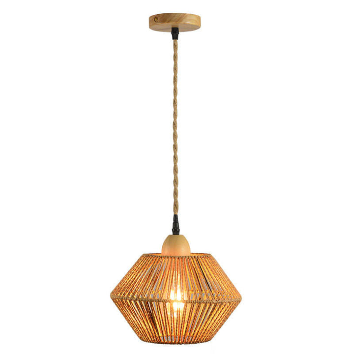 Traditional Vintage Solid Wood Rope Weaving Lantern Cage Wood 1-Light Pendant Ceiling Light for Living Room