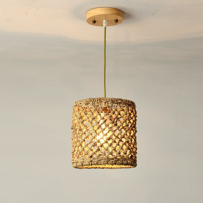 Vintage Straw Weaving Column 1-Light Pendant Light