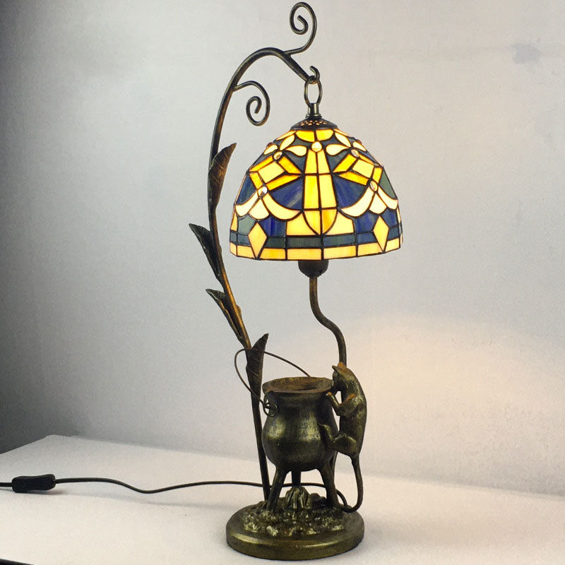 Vintage Tiffany Dome Stained Glass Mouse Base 1-Light Table Lamp