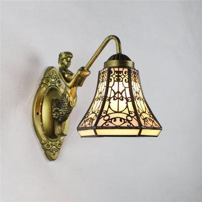 Vintage Tiffany Mediterranean Conical Stained Glass 1-Light Wall Sconce Lamp