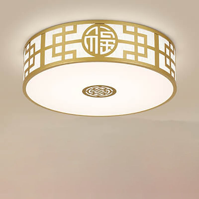 Traditional Chinese Round Fabric Drum LED Flush Mount Ceiling Light For Living Room