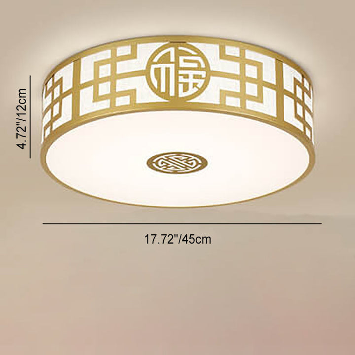 Traditional Chinese Round Fabric Drum LED Flush Mount Ceiling Light For Living Room