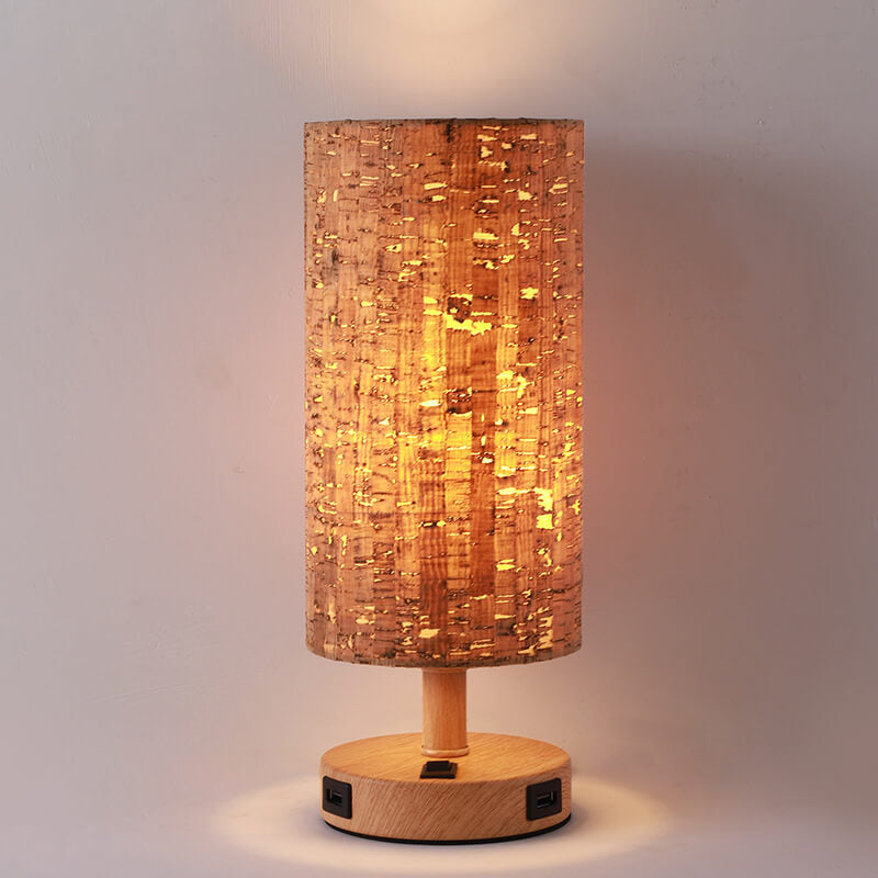 Moderne Tischlampe mit Holzmaserung Stoffschirm 1-Licht 