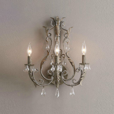 French Vintage Iron Crystal Hardware 3-Light Wall Sconce Lamp