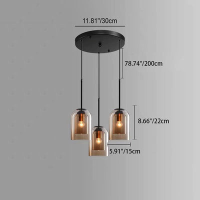 Contemporary Scandinavian Cylinder Iron Glass 1/3 Light Island Light Chandelier For Dining Room