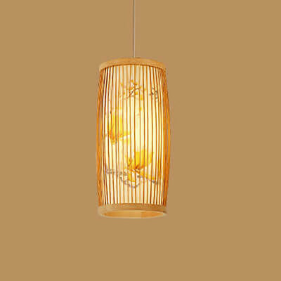 Modern Chinese Cylinder Waist Drum Bamboo Weaving 1-Light Pendant Light