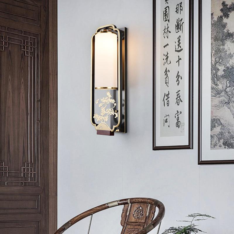 Traditional Chinese Carved Copper Frame Frosted Glass Cylinder Shade 1-Light Wall Sconce Lamp For Living Room