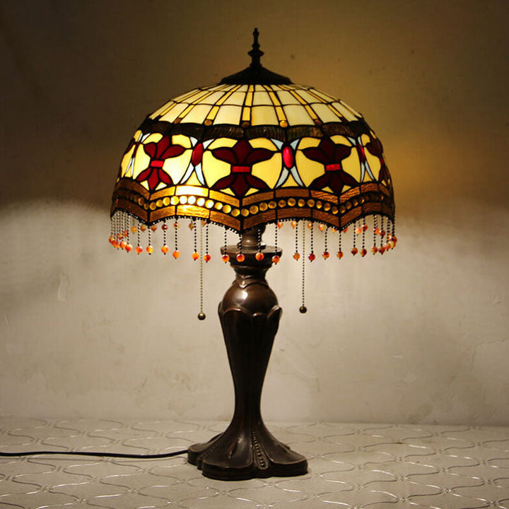 Lampe de table Tiffany avec fleur rétro européenne en verre teinté à 1 lumière avec cordon de tirage 
