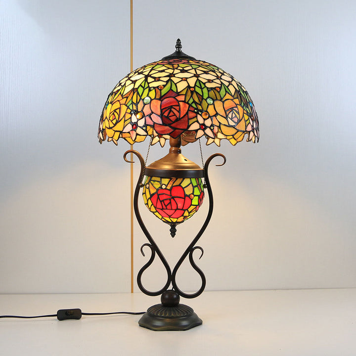 Traditional Tiffany Floral Stained Glass Iron Resin Round Pot 3-Light Table Lamp For Bedroom