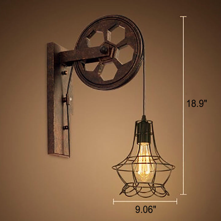 Traditional Vintage Pulley Iron Wood 1-Light Wall Sconce Lamp