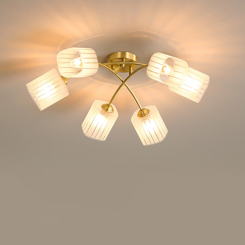 Traditionelle japanische mattierte quadratische Glas-Kupfer 6/8-Light Semi-Flush-Mount-Deckenleuchte für das Wohnzimmer 