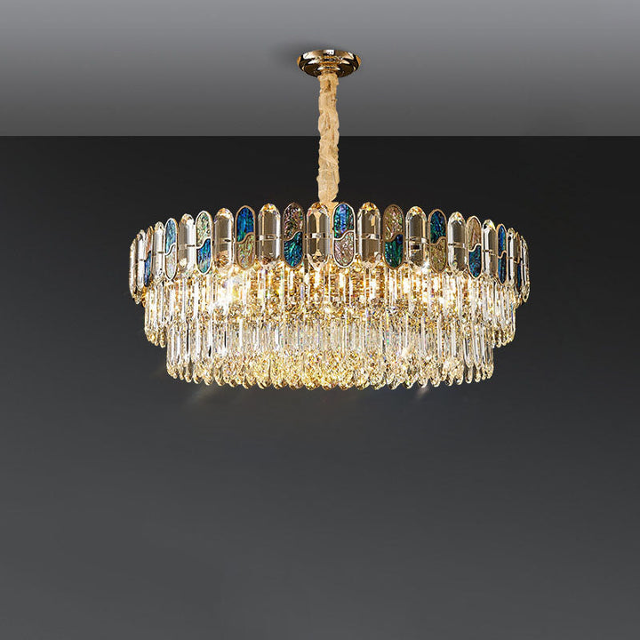 Modern Luxury Round Shell Embellishment Tiered Iron Crystal Shade 11/12/15/21/28-Light Chandelier For Living Room