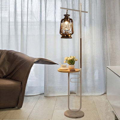 European Vintage Simple Lantern Table Iron Wood Marble 1-Light Standing Floor Lamp
