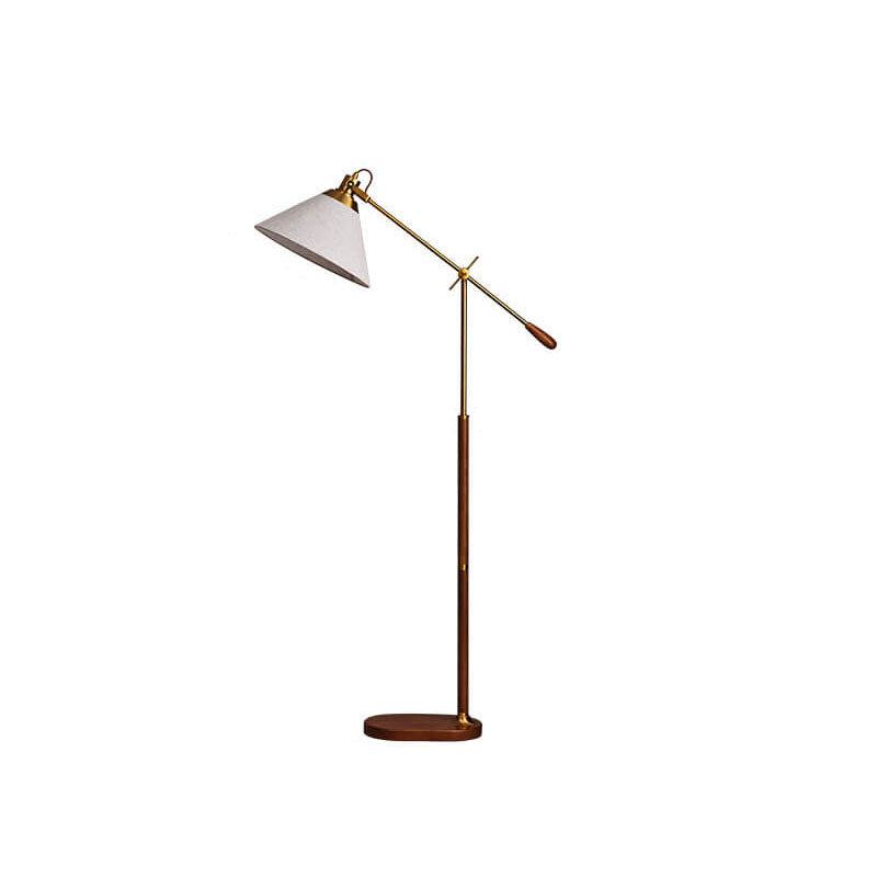 Traditional Vintage Fabric Cone Metal Ash Wood 1-Light Standing Floor Lamp For Bedroom