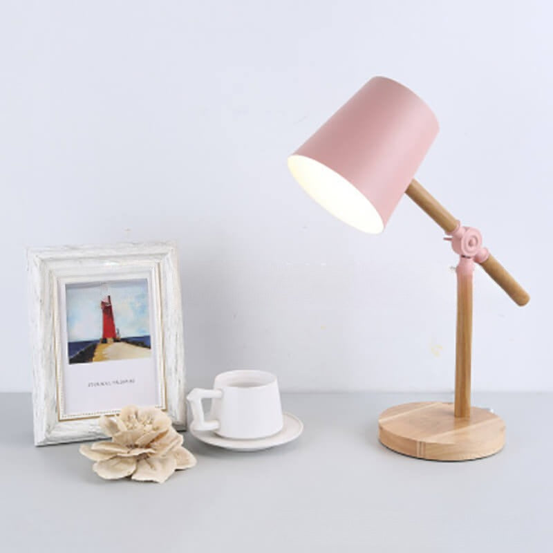 Macaron Creative Iron Cylinder Wooden Base 1-Light Table Lamp