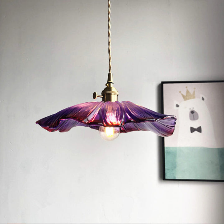 Traditionelle Vintage Messing Lotusblatt Glasschirm 1-Licht Pendelleuchte für Wohnzimmer 