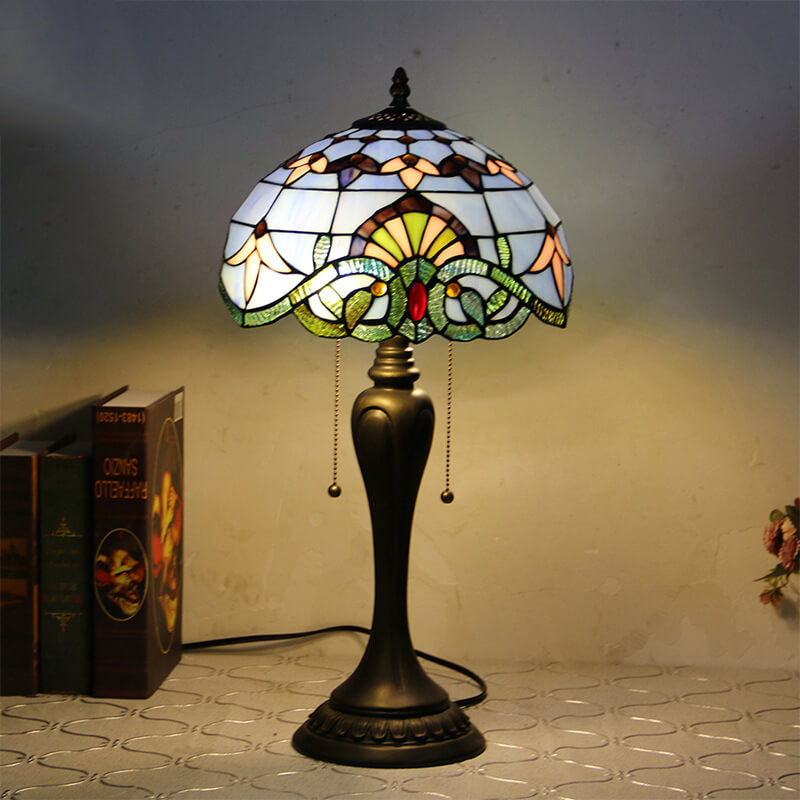 Vintage Tiffany Baroque Stained Glass Dome Pull Cord 1-Light Table Lamp