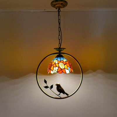 Tiffany Rustic Dome Stained Glass Ring Bird Design 1-Light Pendant Light