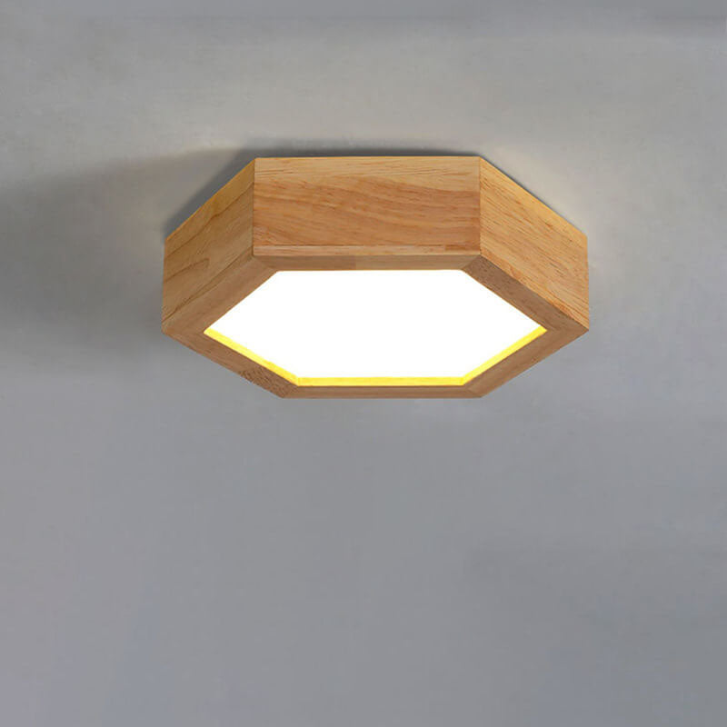 Moderne einfache LED-Deckenleuchte mit sechseckiger Geometrie aus Holz