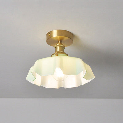 Japanese Vintage Cream Glass Floral Brass 1-Light Semi-Flush Mount Ceiling Light