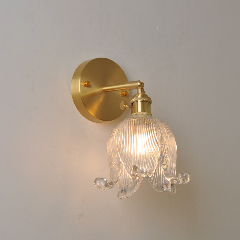 Vintage Japanese Brass Glass Bell Flower 1-Light Wall Sconce Lamp