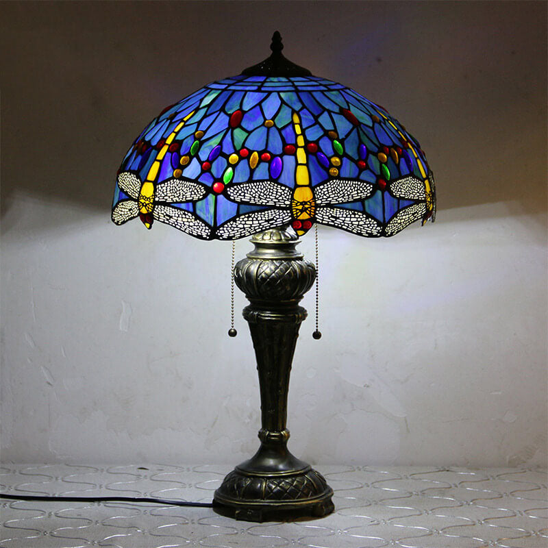 European Vintage Tiffany Dragonfly Peacock Glass Resin 1-Light Table Lamp