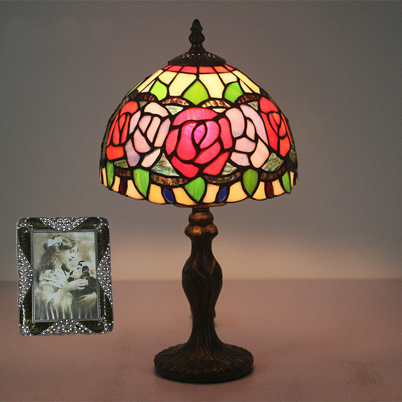 Lámpara de Mesa Retro Tiffany Flor de Rosa en Vidrio de Colores con 1 Luz 